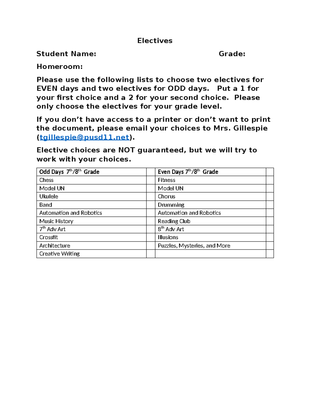 Electives 7th and 8th 3 - Electives Student Name: Grade: Homeroom ...