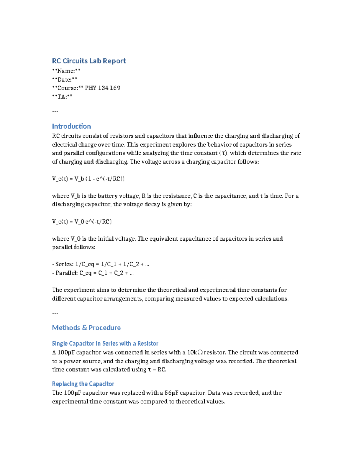RC Circuits Lab Report - ............ - RC Circuits Lab Report Name ...