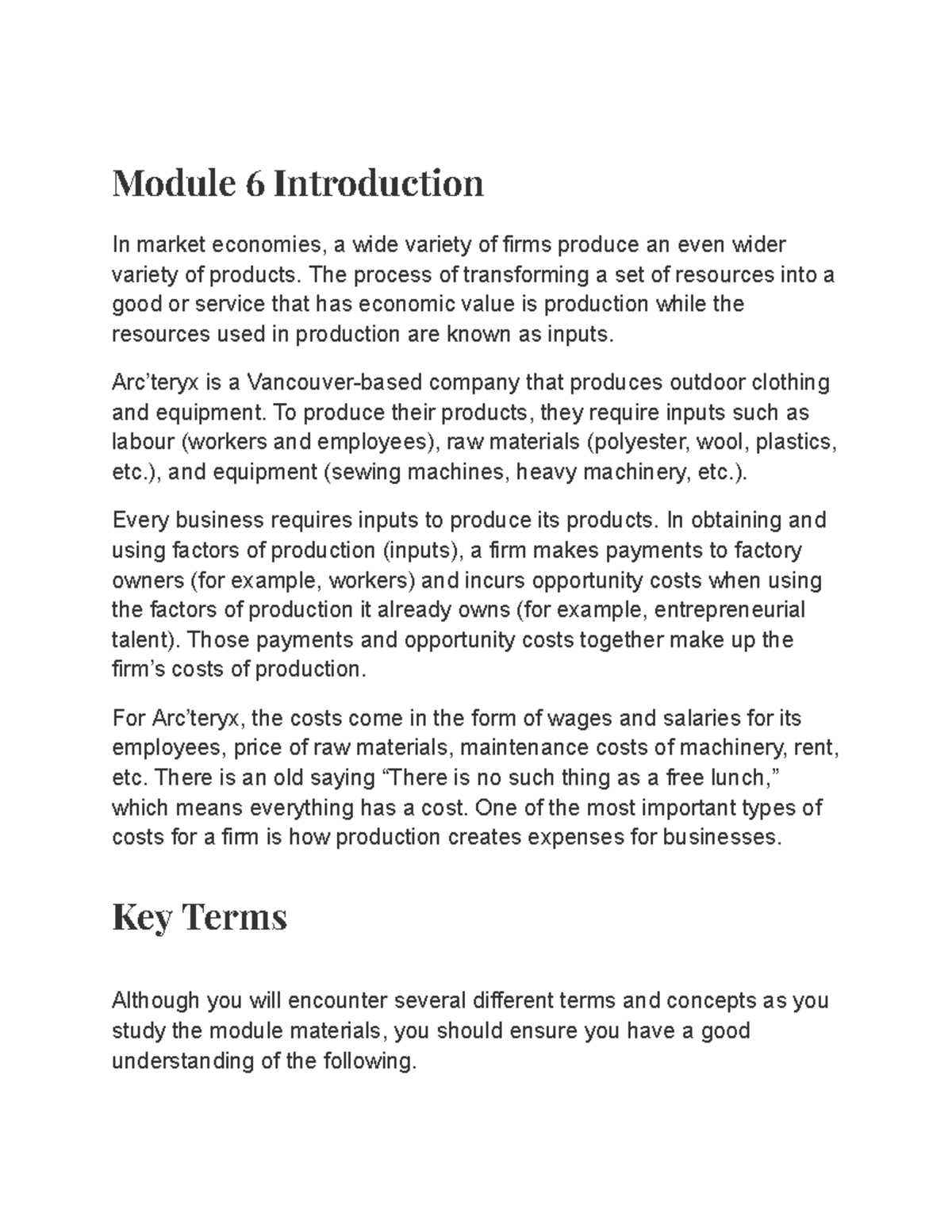 Module 6 - Summary of Production Costs and Economic Concepts - Studocu