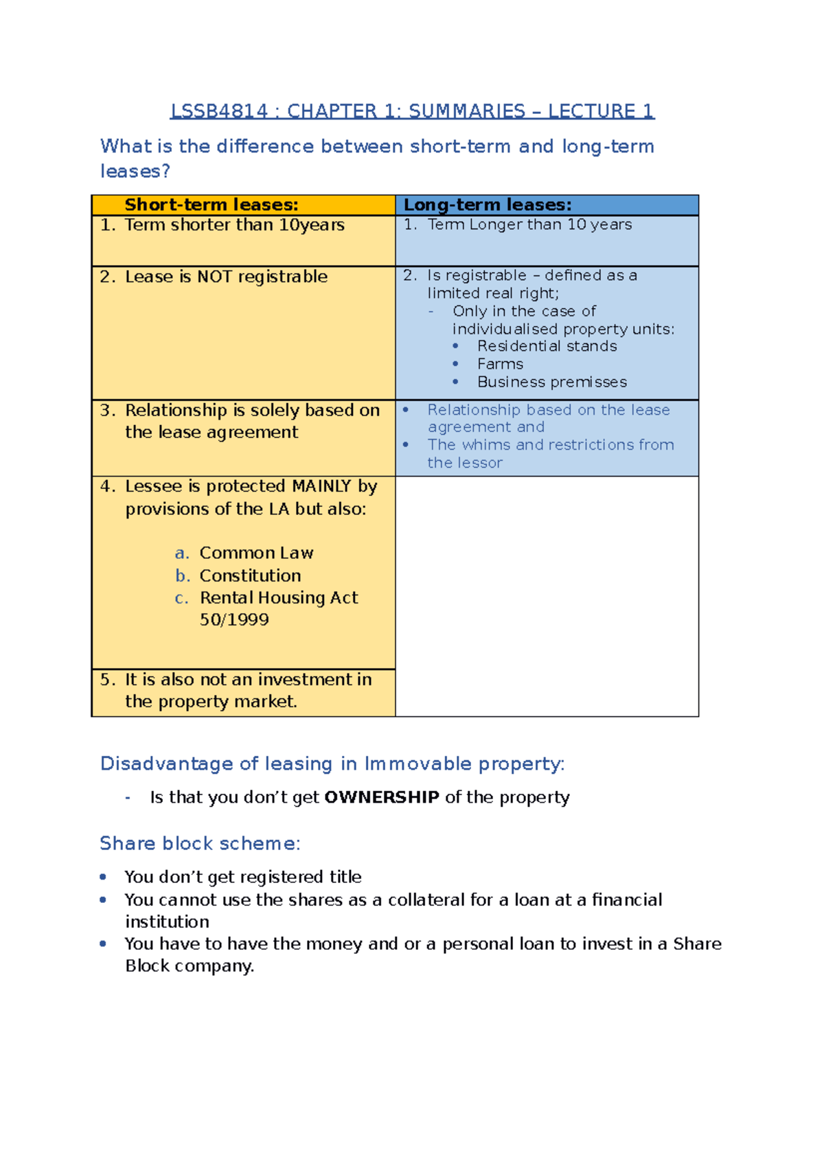 LSSB4814 - Lecture Summaries for Chapter 1: Leases and Ownership - Studocu