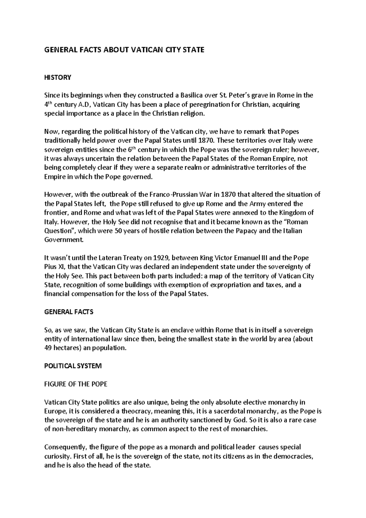 VATICAN CITY STATE: A Comprehensive Overview and Summary - Studocu
