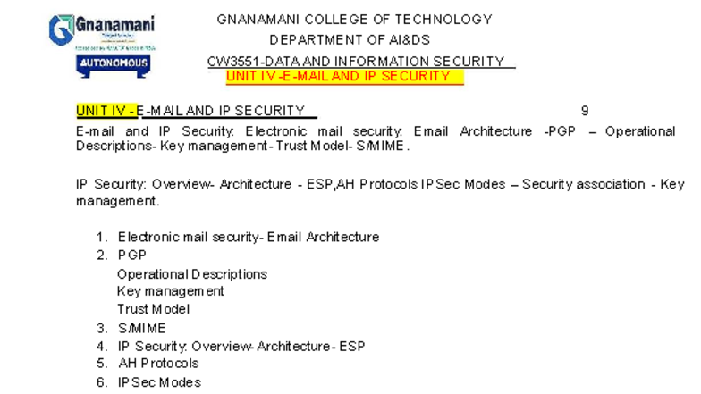 CW3551-DIS-UNIT IV: Email Security and IP Security Protocols - Studocu