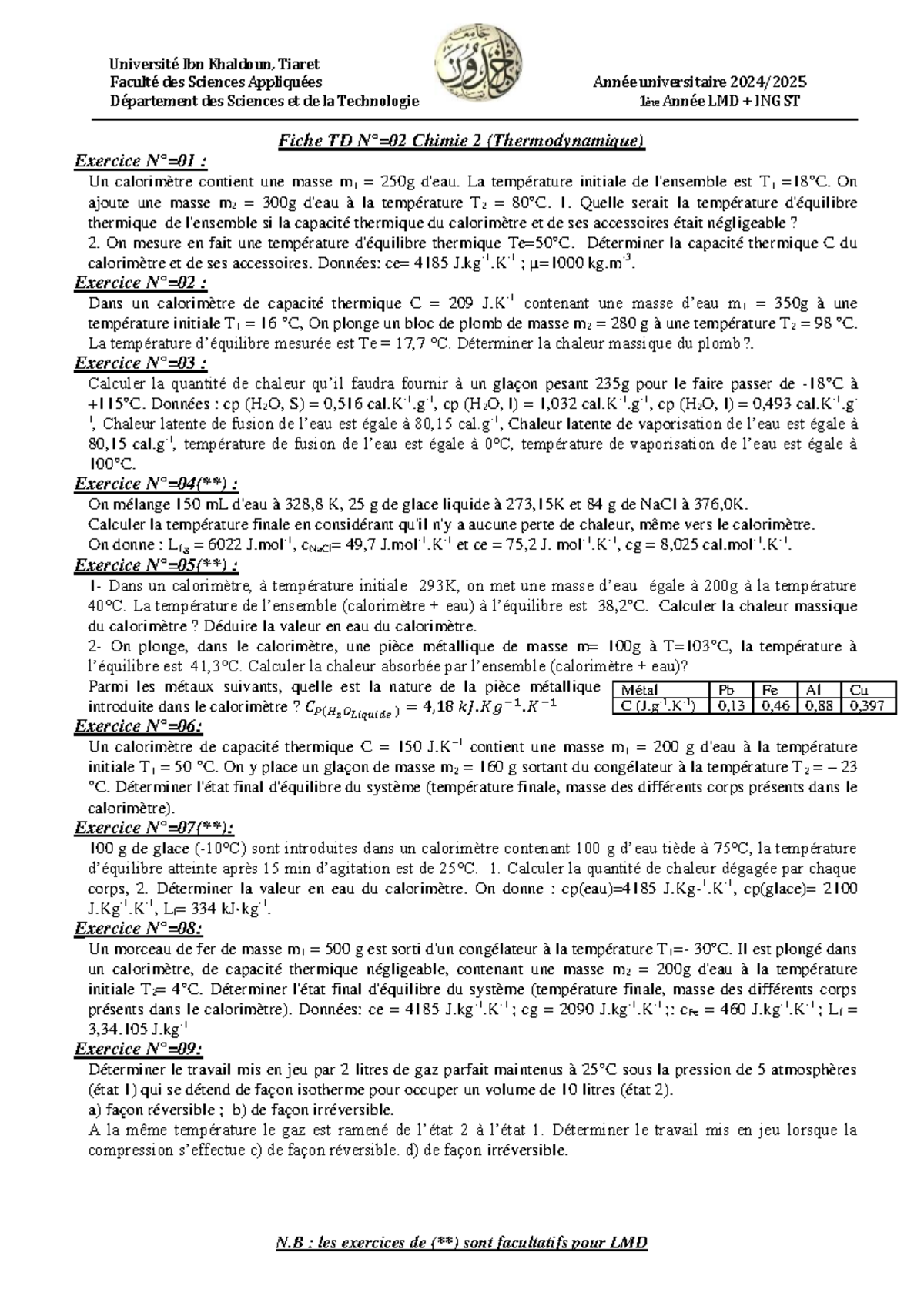 TD N°=02 Chimie 2 (Thermodynamique) - Exercices et Solutions - Studocu
