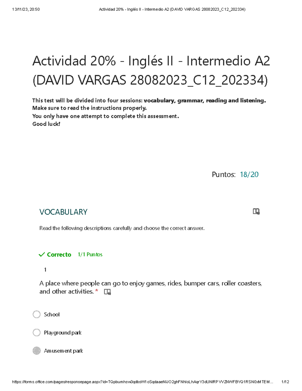 Actividad 20% - Inglés II - Intermedio A2 - Evaluación 28082023 C12 ...