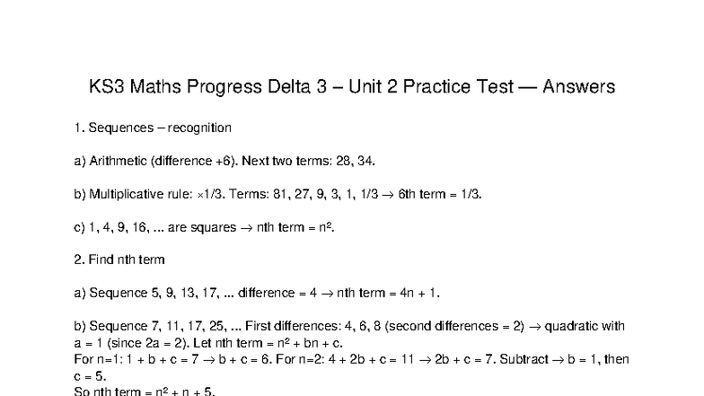 KS3 Maths Progress Delta 3 Unit 2 Practice Test Solutions - Studocu