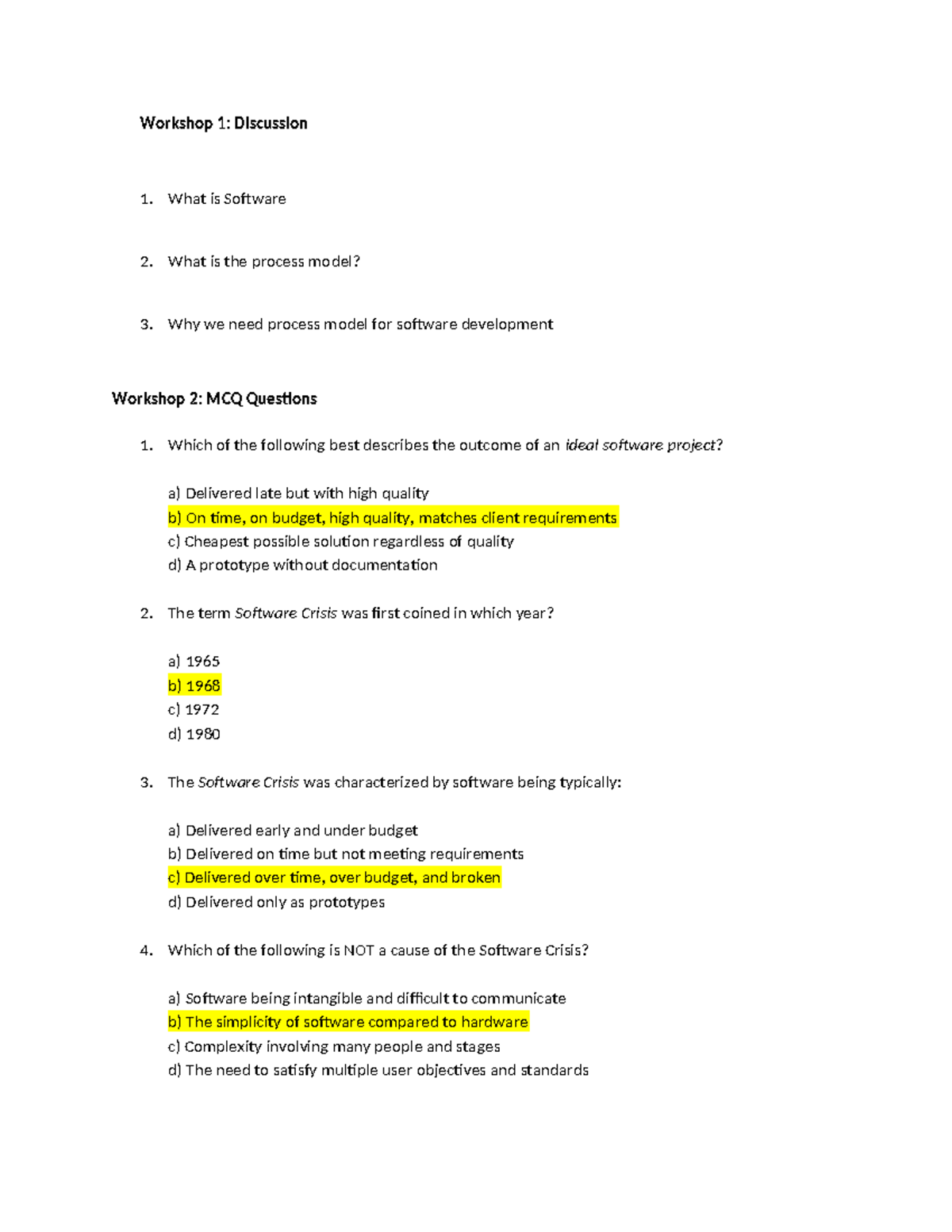 Workshop Answers: Software Development Process & MCQs - Studocu