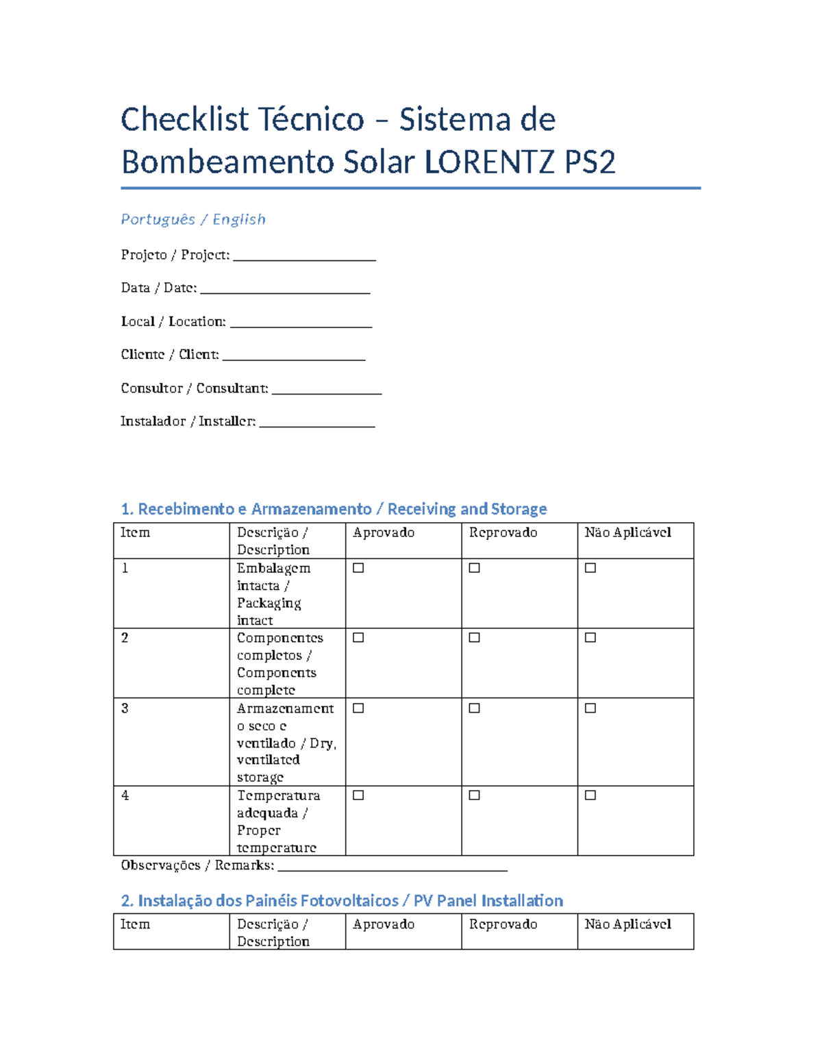 Checklist Técnico LORENTZ PS2: Instalação e Inspeção Solar - Studocu