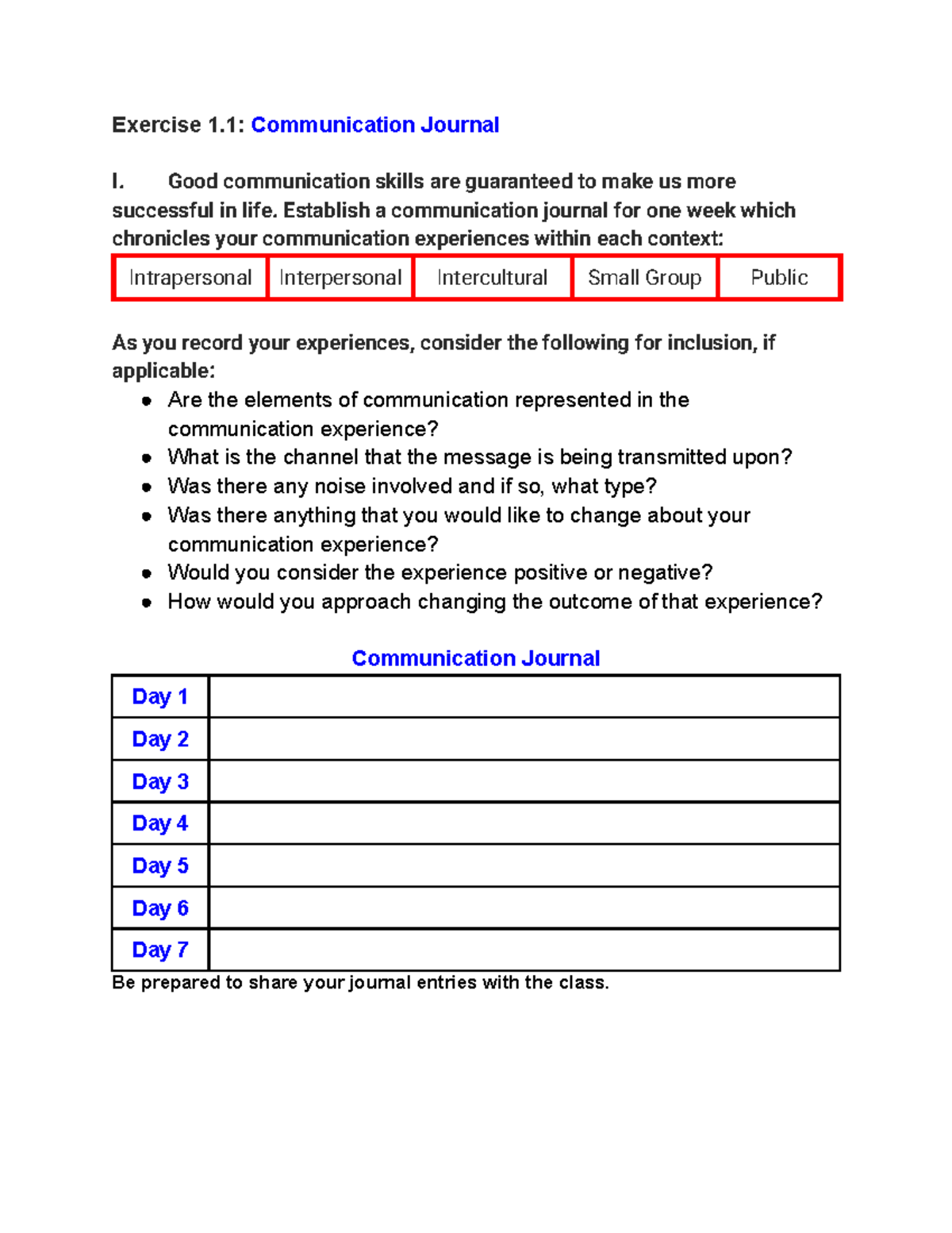 Exercise 1.1: Communication Journal Reflection and Analysis - Studocu