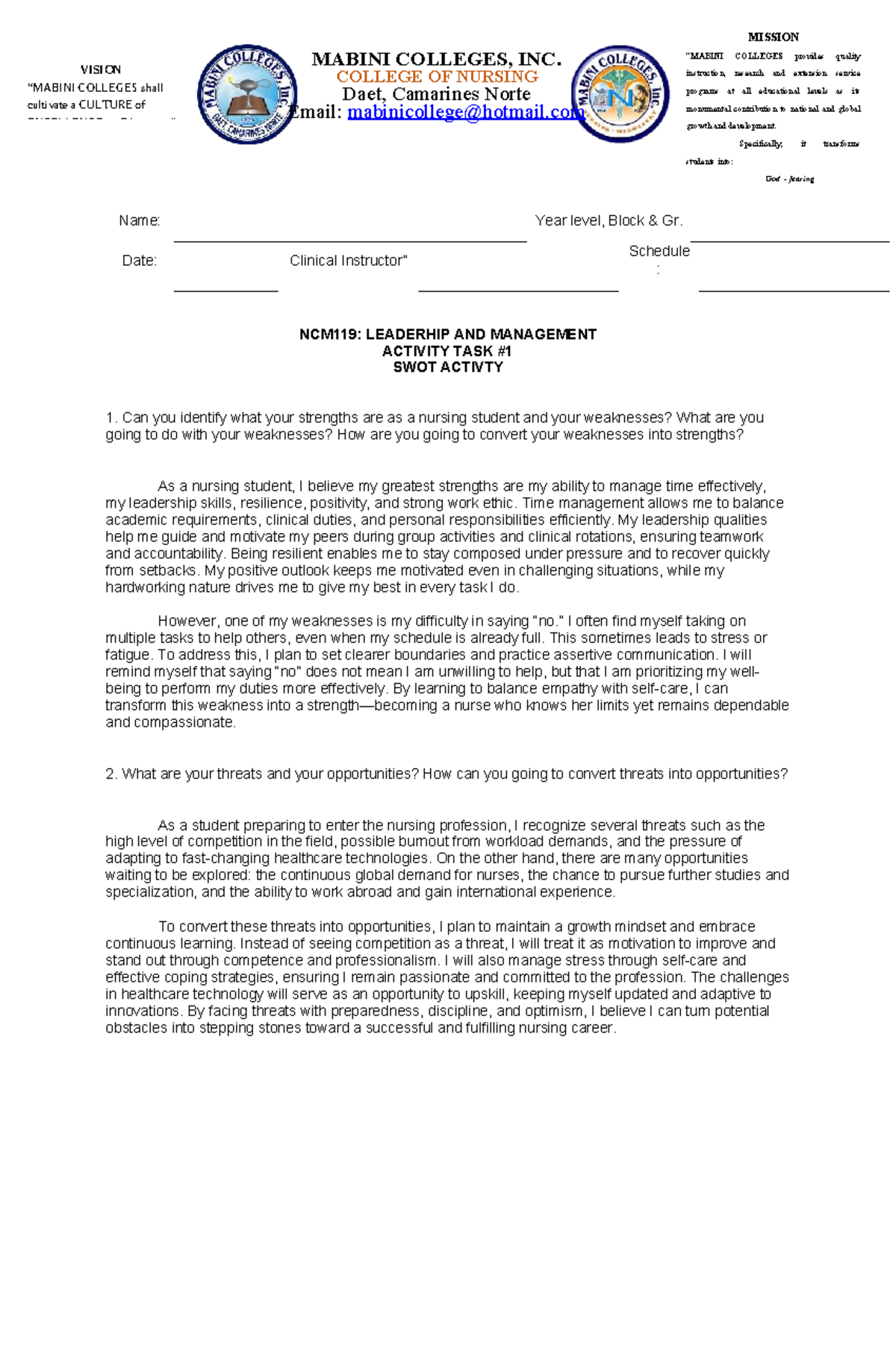 NCM119: Leadership & Management SWOT Analysis for Nursing Students ...