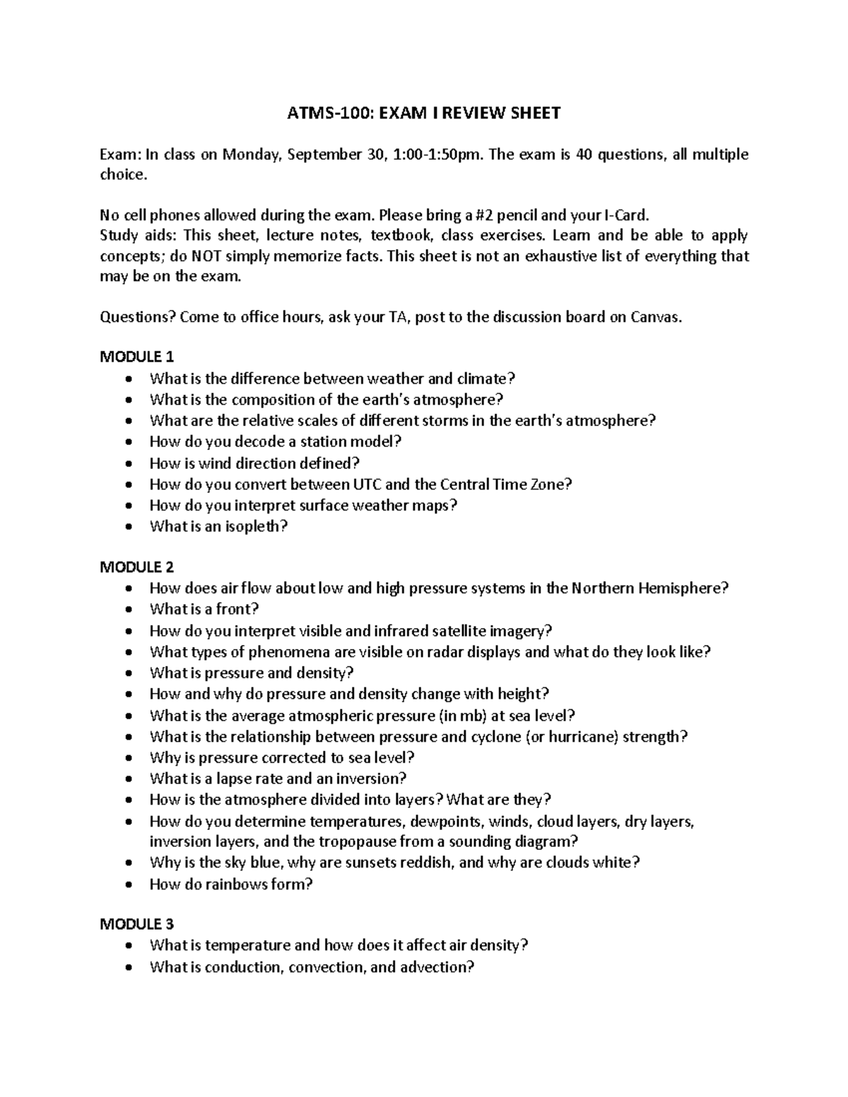 Exam I Review - ATMS-100: EXAM I REVIEW SHEET Exam: In class on Monday ...