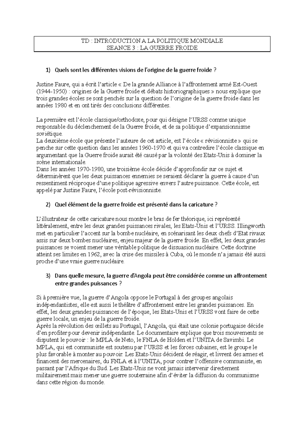 Séance 3 - la guerre froide - TD : INTRODUCTION A LA POLITIQUE MONDIALE ...