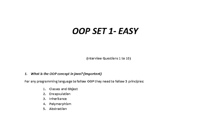 OOP SET EASY (Interview Questions 1 to 60) - OOP Concepts in JAVA - Studocu