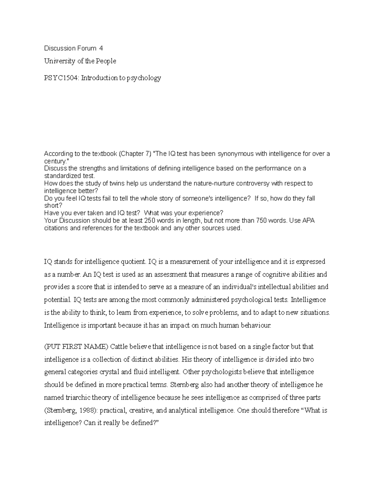 PSYC1504: Discussion Forum 4 - Strengths & Limitations of IQ Testing ...