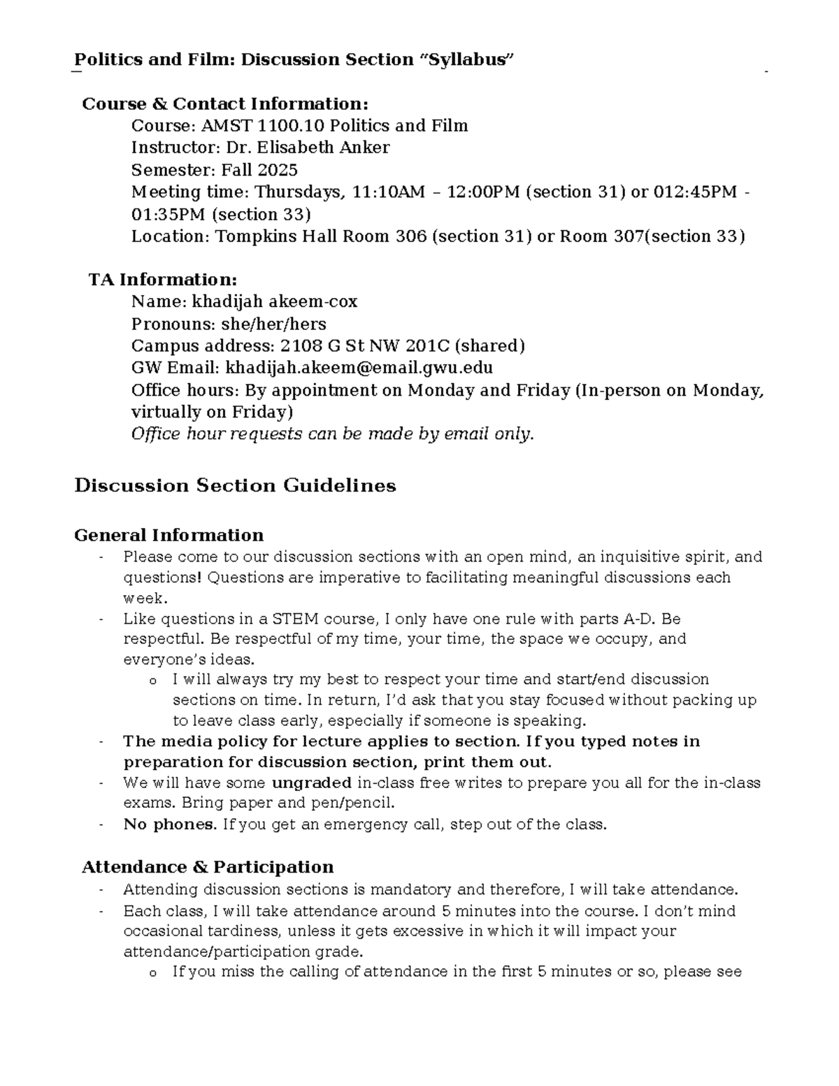 AMST 1100: Politics and Film Discussion Section Guidelines - Studocu