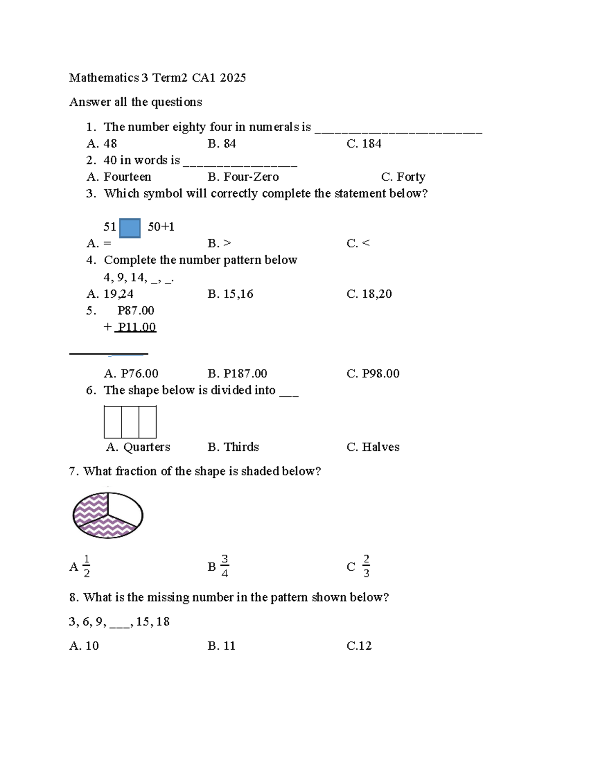 Mathematics 3 Term2 CA1 2025 Practice Questions and Answers - Studocu
