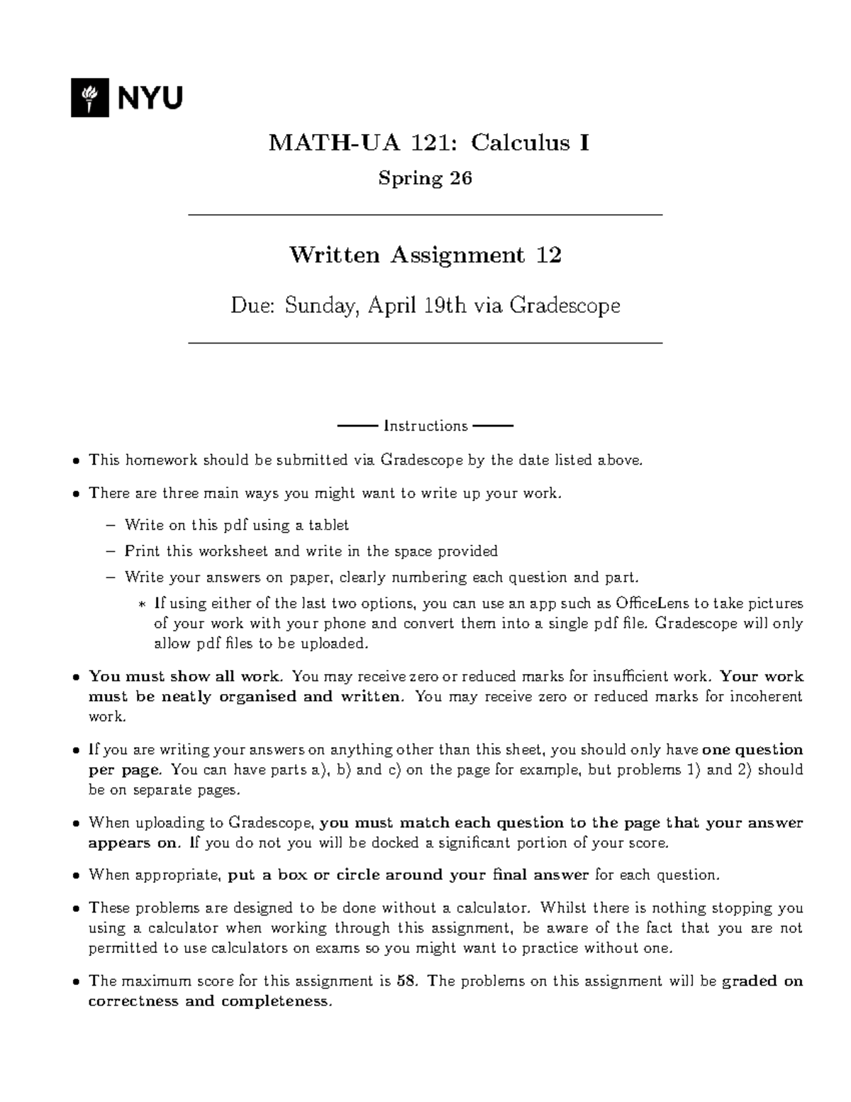 121: Calculus I Spring 26 Written Assignment 12 Instructions - Studocu