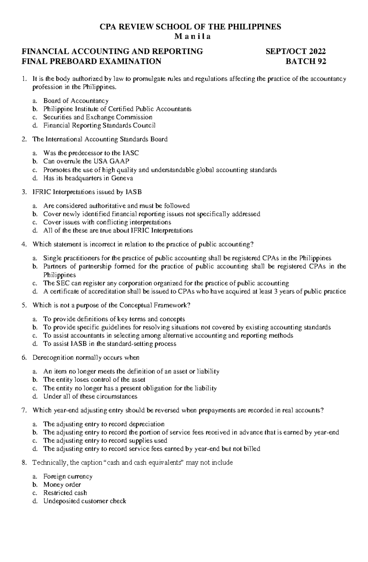 Batch 92 CPA FAR Final Preboard Exam Review September-October 2022 ...