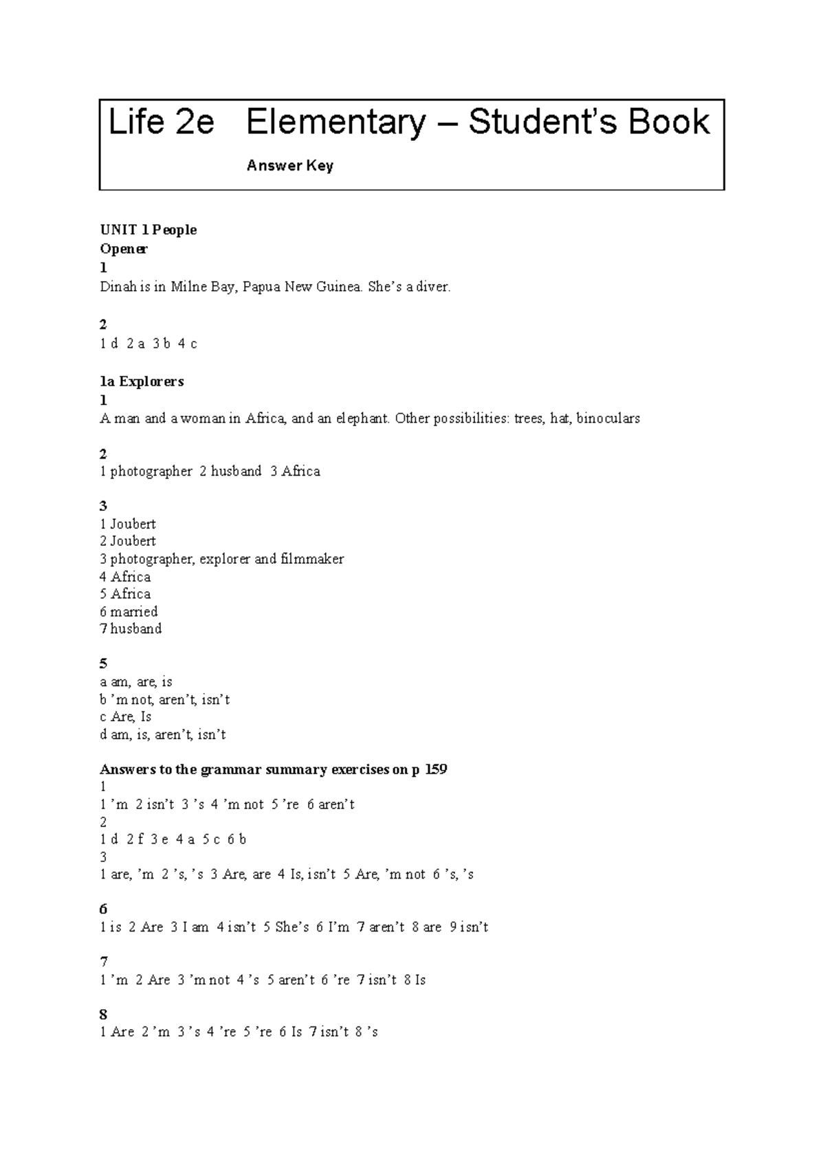 A1-A2 SB AK - Life 2e Elementary Student Book Answer Key - Document Preview