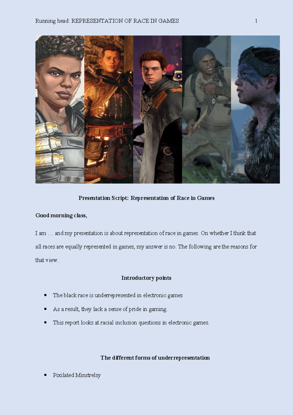 REPRENSN OF RACE IN GAMES: Presentation Script for Class Discussion ...