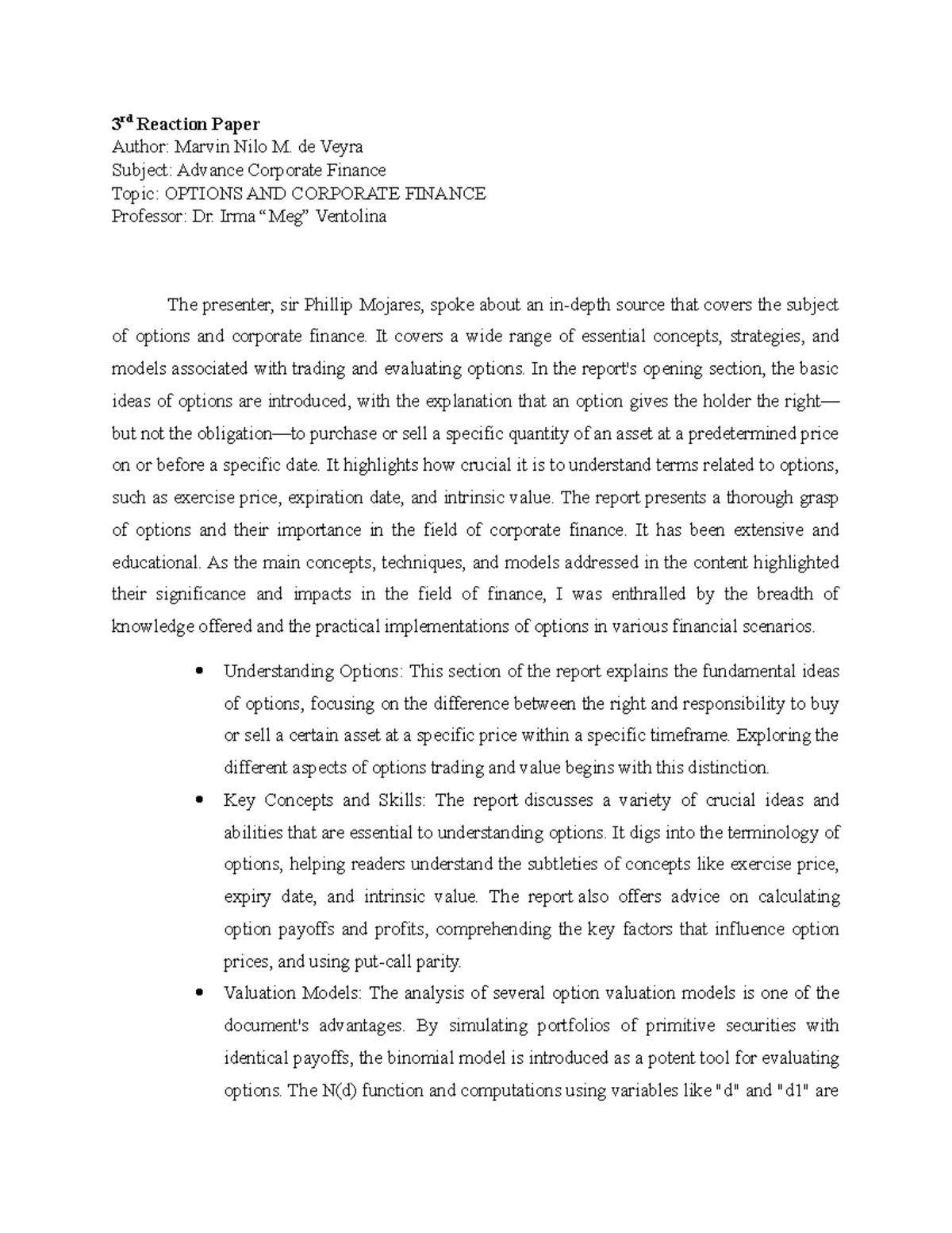 3rd Reaction Paper: Options in Corporate Finance (ACF 301) - Studocu