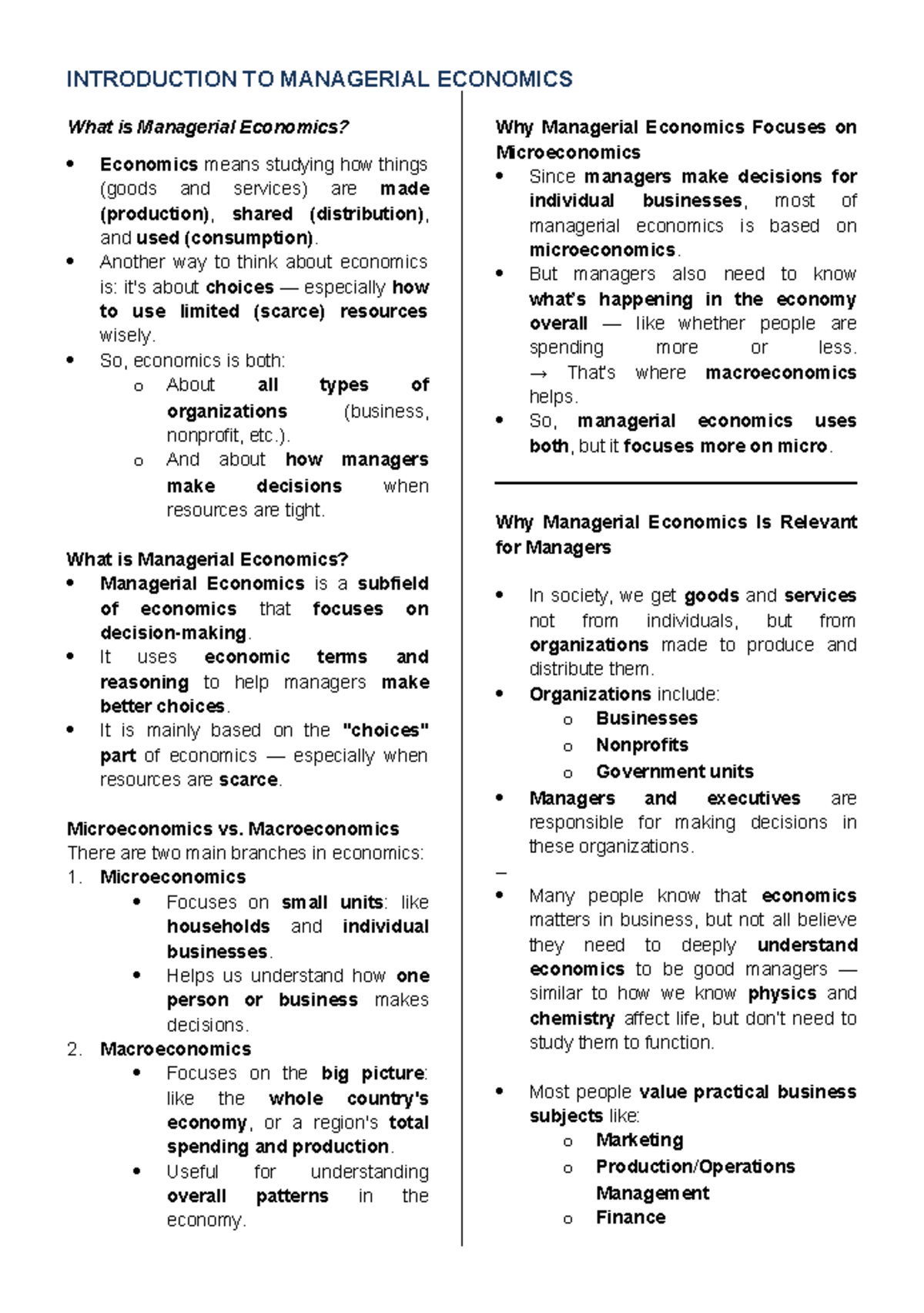Managerial Economics Overview: Key Concepts and Applications - Studocu