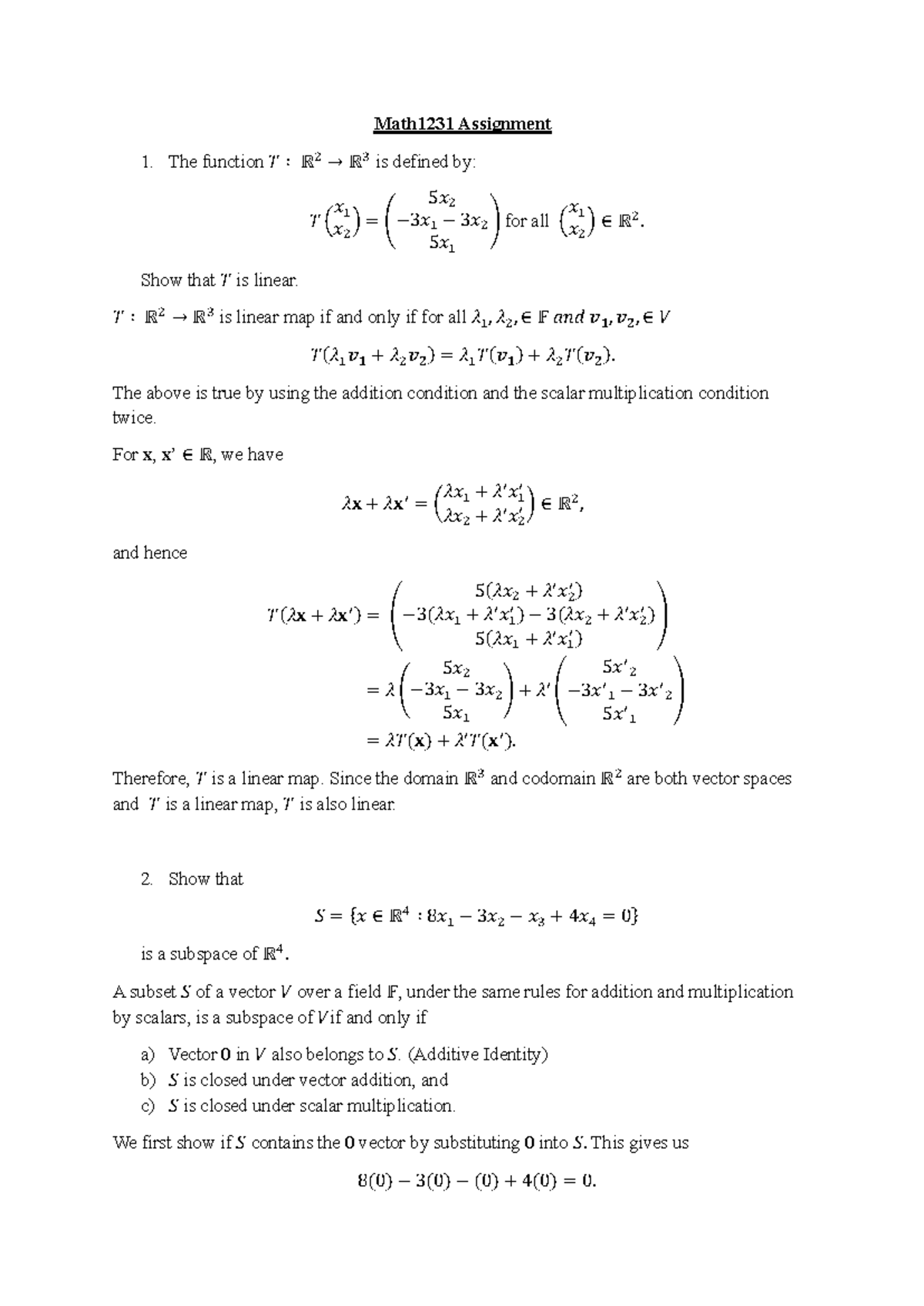MATH1231 Assignment 1: Linear Maps and Subspaces Analysis - Studocu