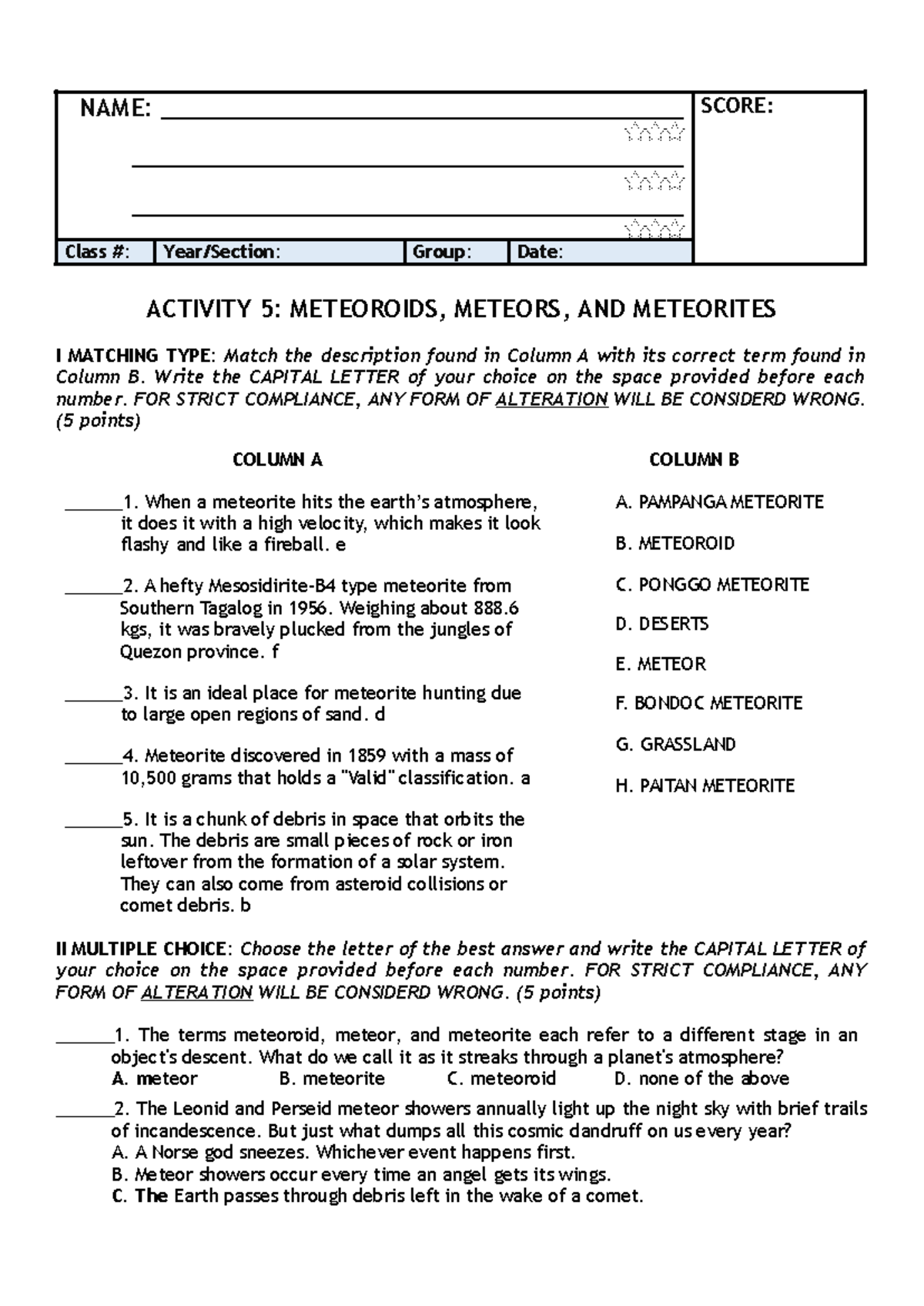 Rinhs science 8 2nd activity 5 meteoroid, meteor, and meteoritr - NAME ...