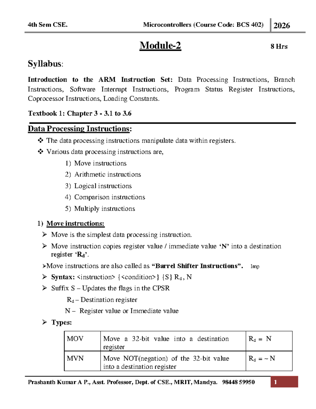 4th Sem CSE. Microcontrollers (BCS 402) - ARM Instruction Set Overview ...