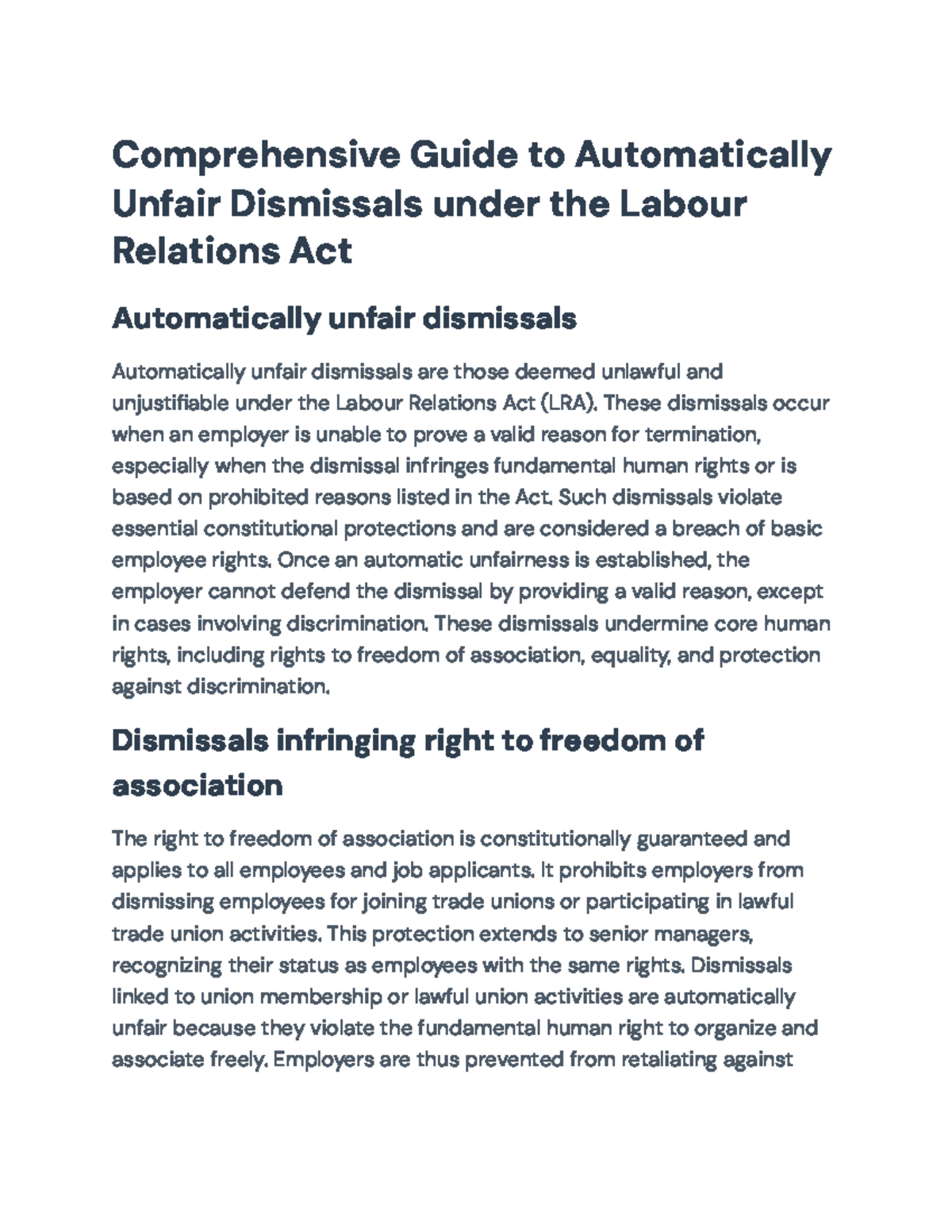 Comprehensive Overview of Automatically Unfair Dismissals (LRA) - Studocu