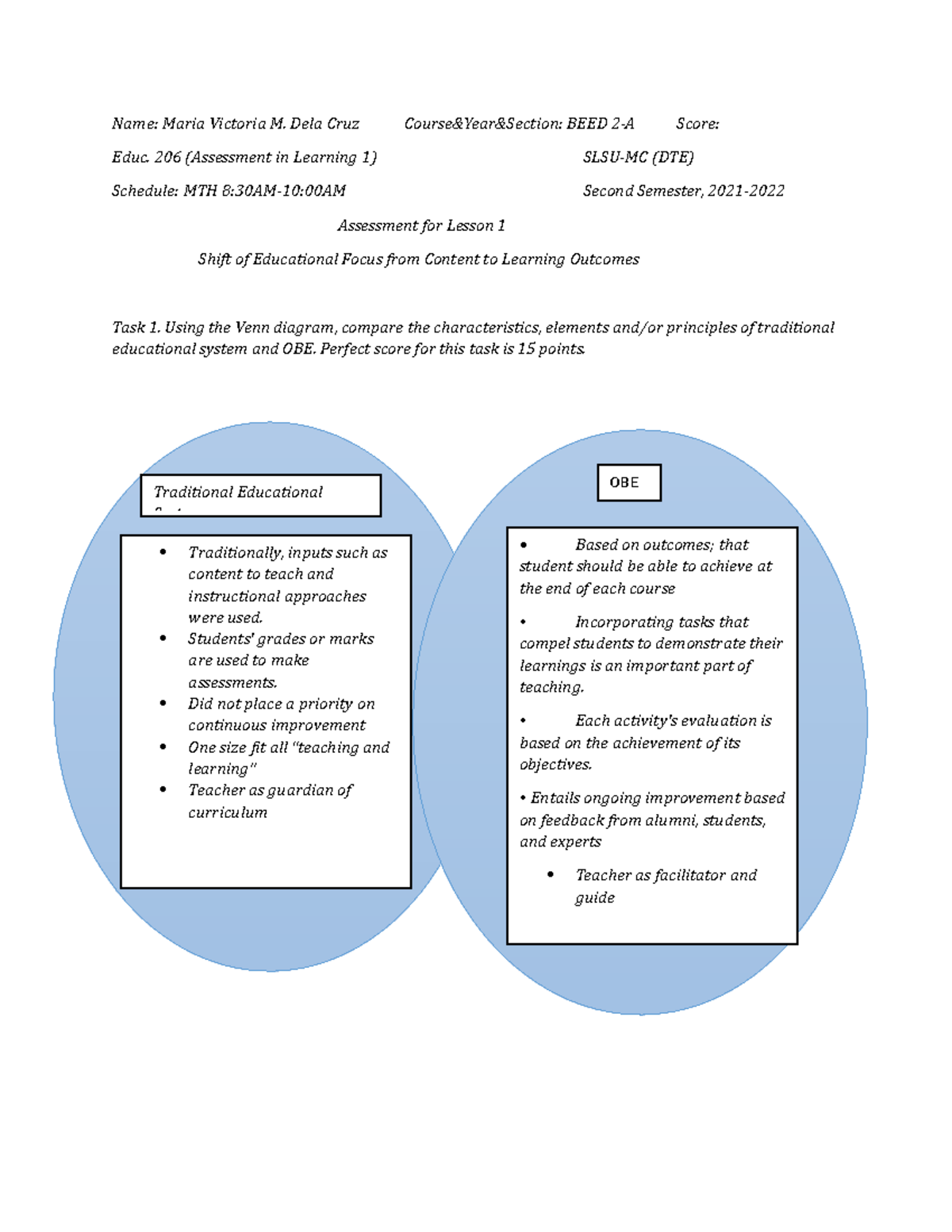 Assessment Tasks and Learning Objectives for Lesson 1, EDUC 206 - Studocu
