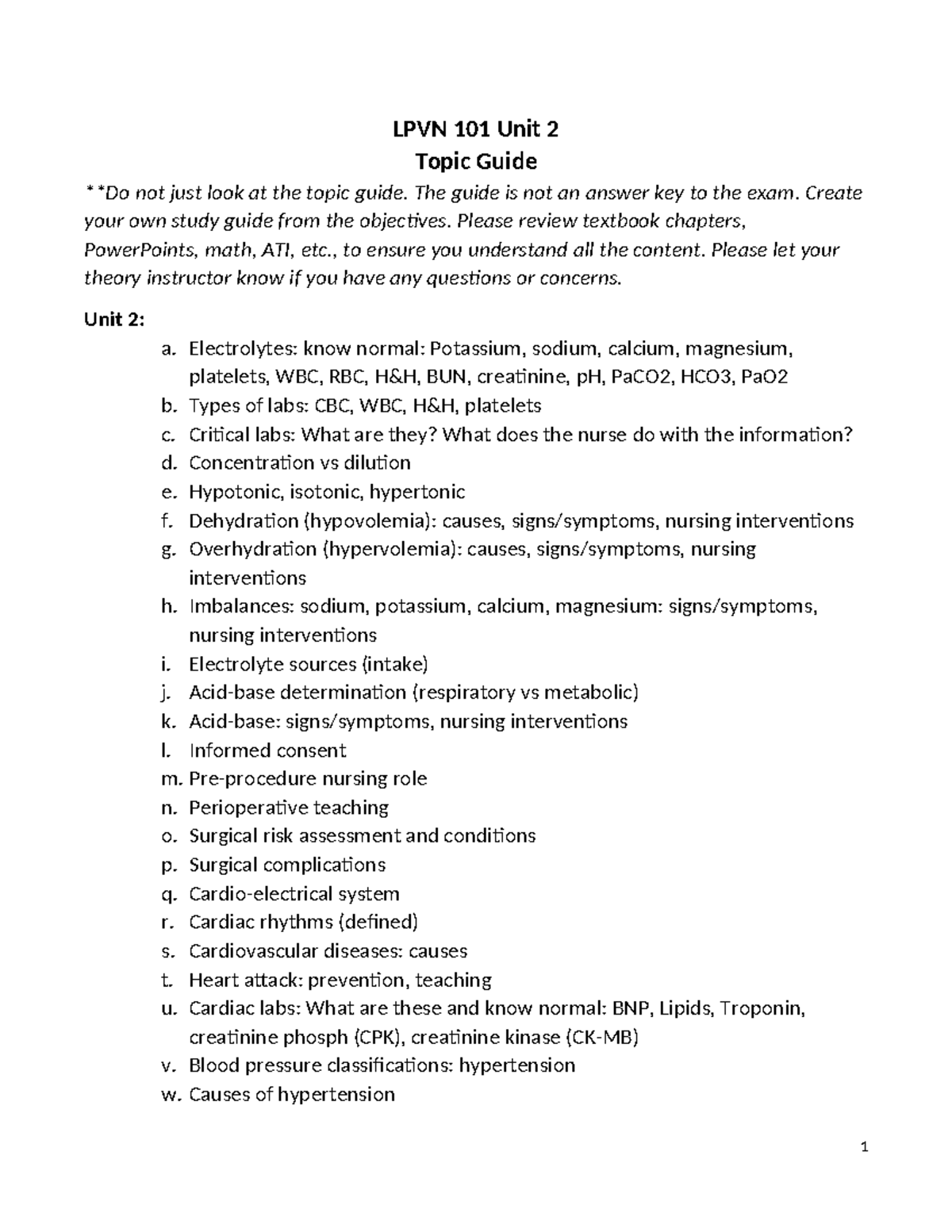 LPVN 101 Unit 2 Study Guide: Electrolytes & Nursing Interventions - Studocu