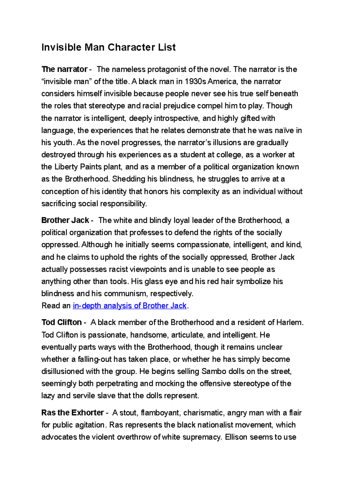 Invisible Man Character Analysis - ENG 101 Study Guide - Studocu