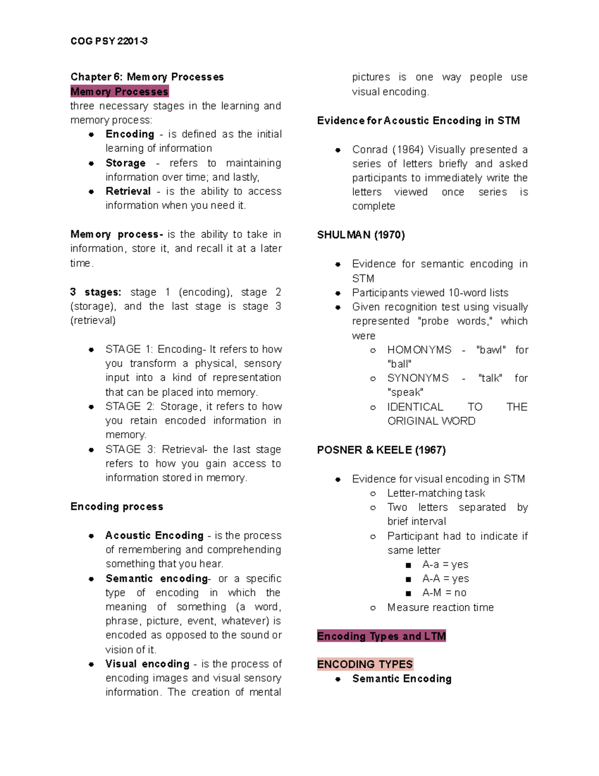 COG PSY 2201 - Final Exam Notes on Memory Processes and Stages - Studocu