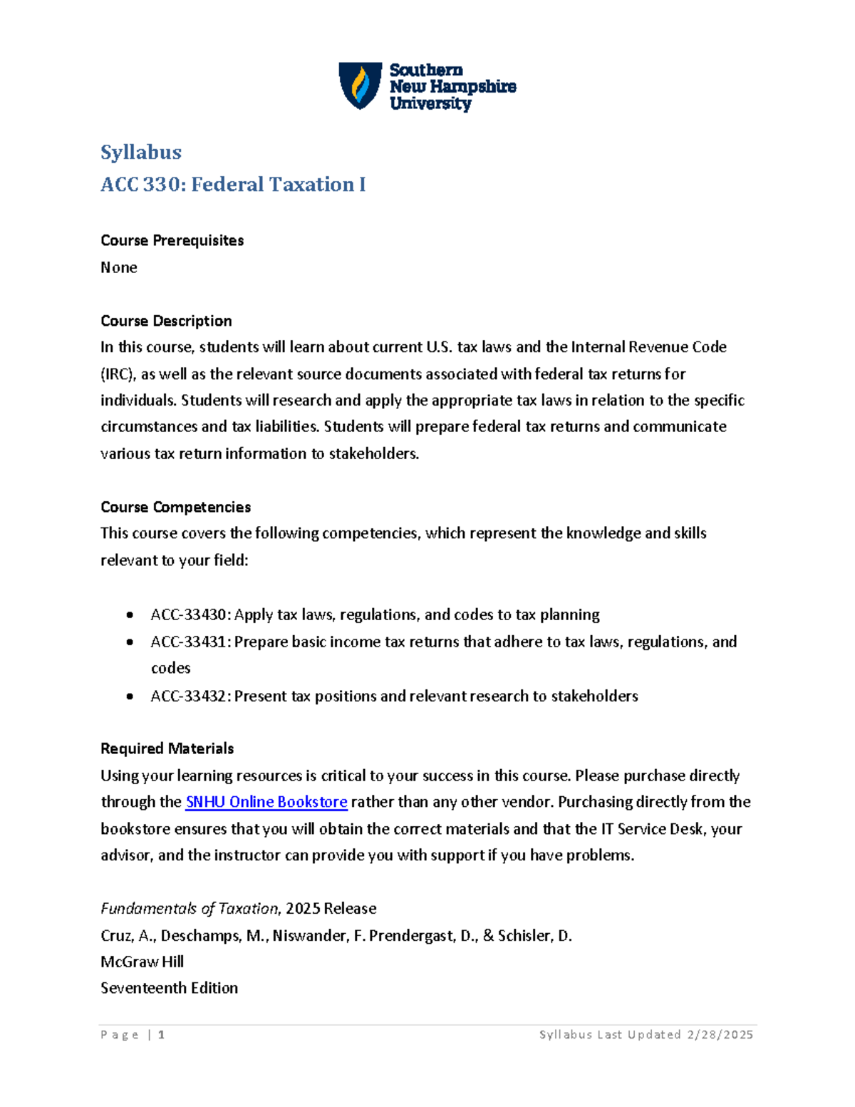 Syllabus for ACC 330: Federal Taxation I - Course Overview and ...