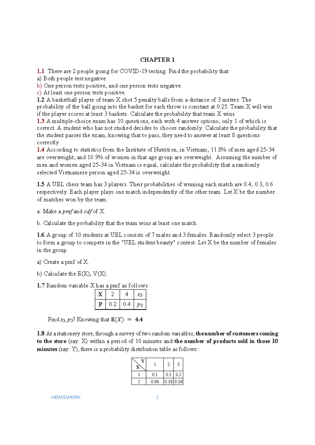 HW Chapter 1-4: Probability and Statistics Concepts - Studocu