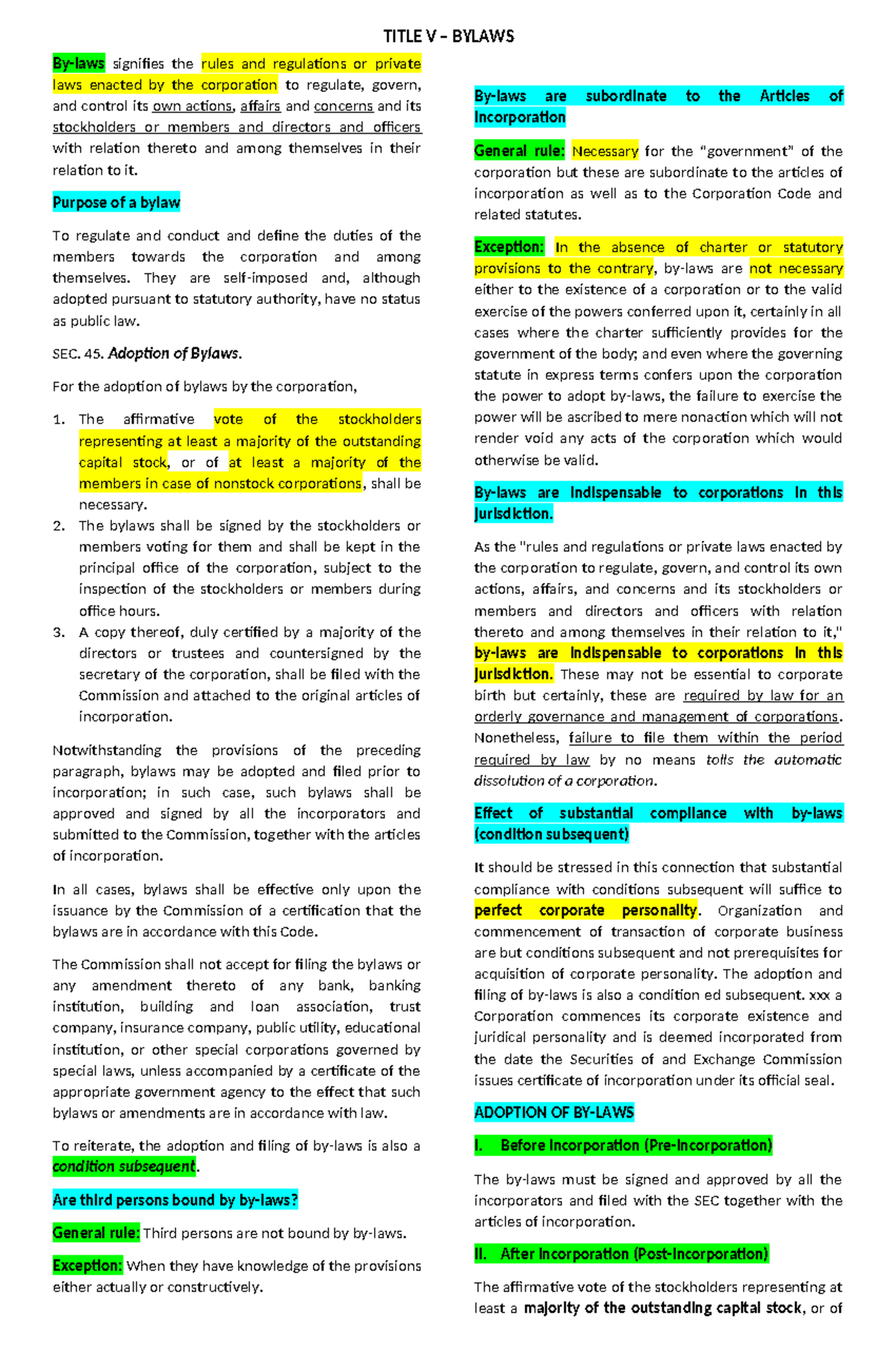 Title V Laws: Outline of Corporate Governance Regulations - Studocu