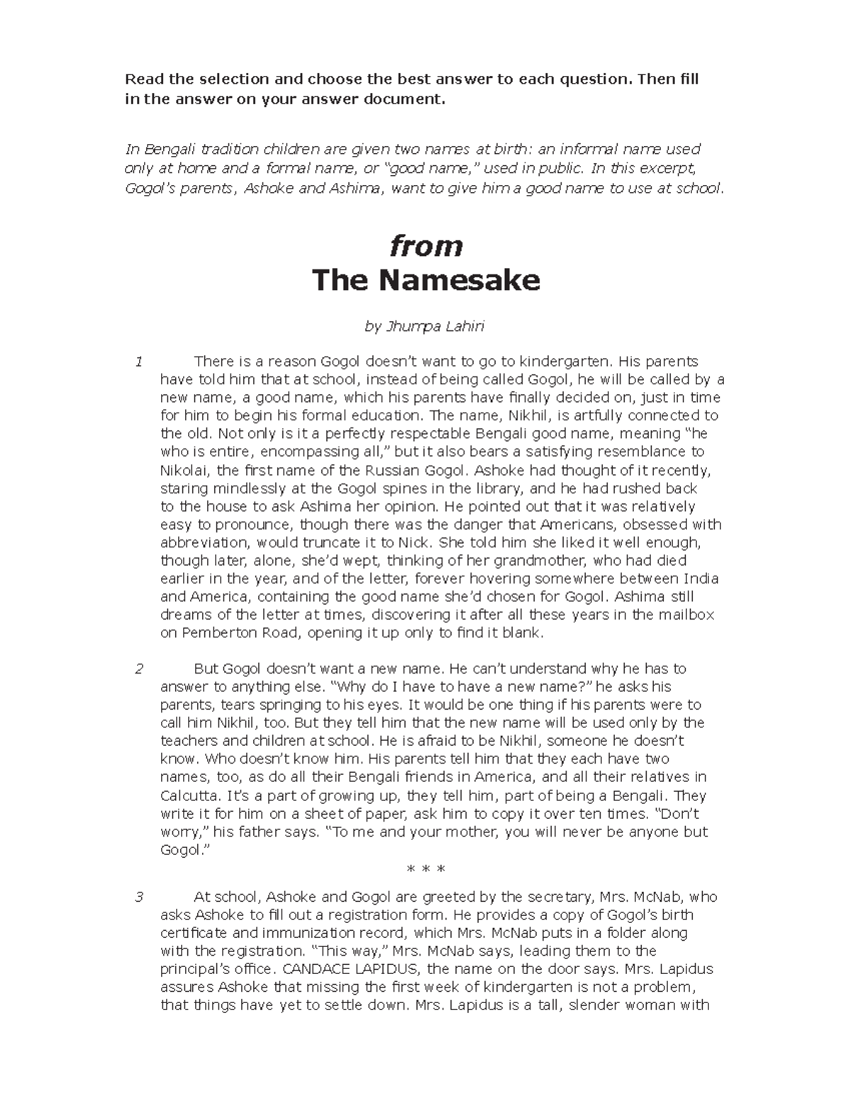 The Namesake -1 - adadad - Read the selection and choose the best ...