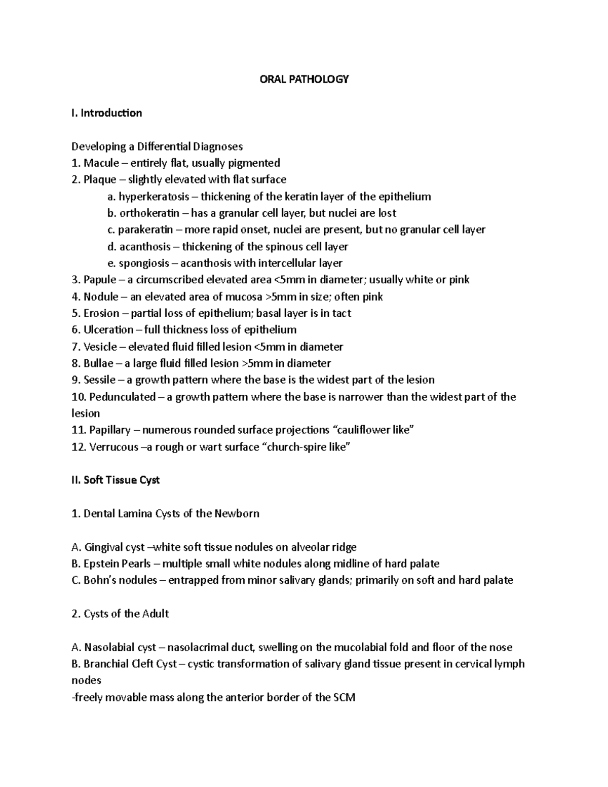ORAL Pathology - I Lecture Notes: Differential Diagnoses & Cysts - Studocu