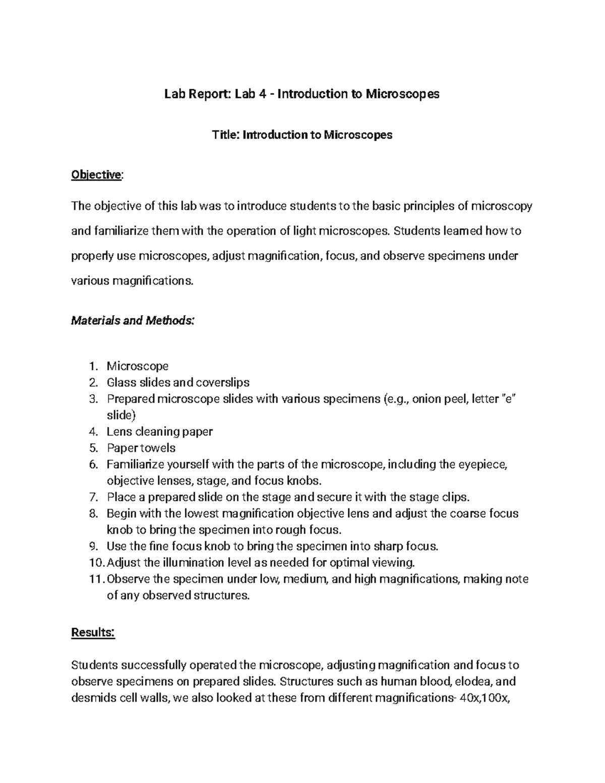 Lab Report: Lab 4 - Introduction to Microscopes & Eukaryotic Cells ...