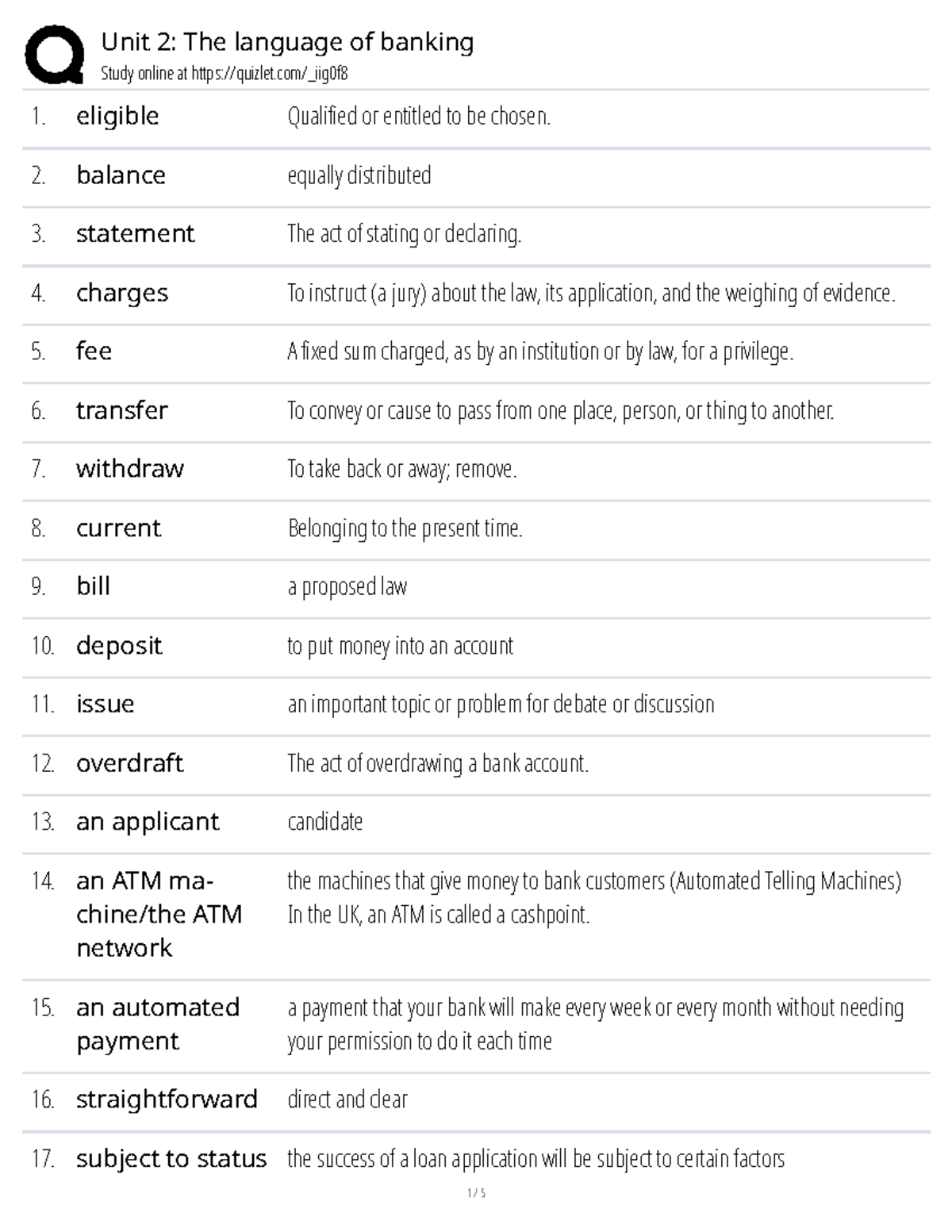 Unit 2: Key Terms in Banking Vocabulary Study Guide - Studocu