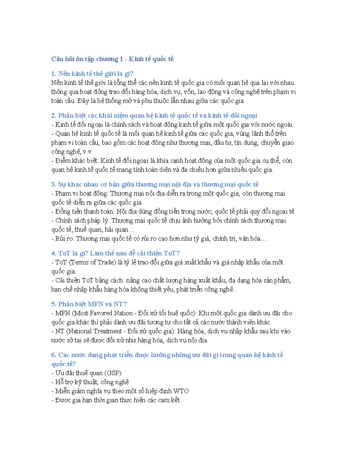 Ôn Tập Câu Hỏi Kinh Tế Quốc Tế Chương 1 - Kinh Tế 101 - Document Preview