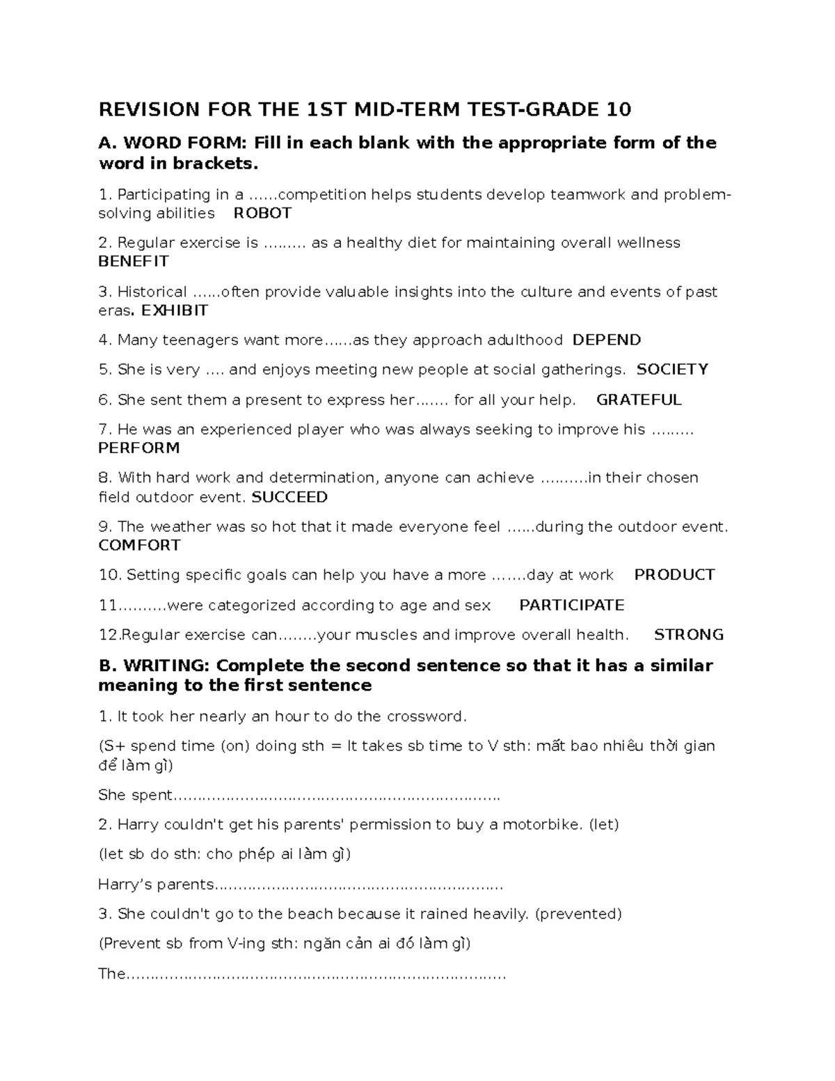 Revised Title: Revision for 1st Mid-Term Test - Grade 10 Notes - Studocu