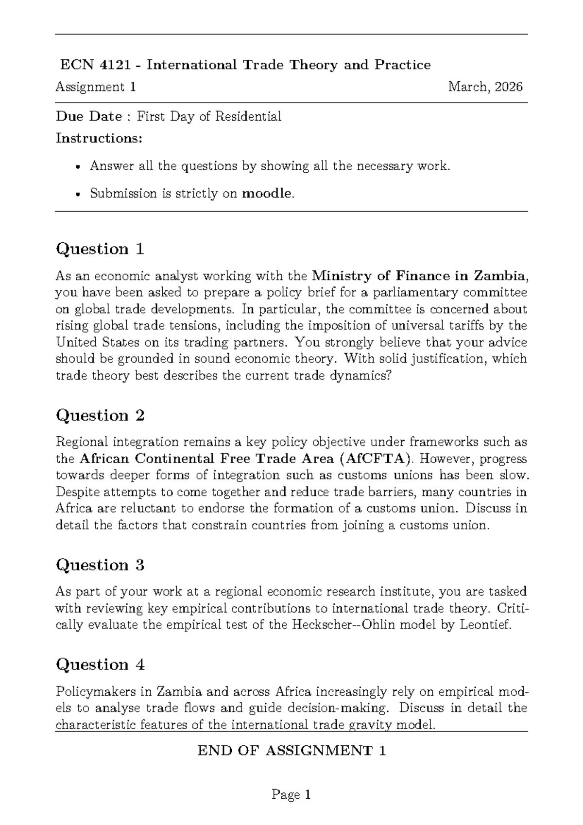 ECN 4121 International Trade Theory & Practice Assignment 1 2026 - Studocu