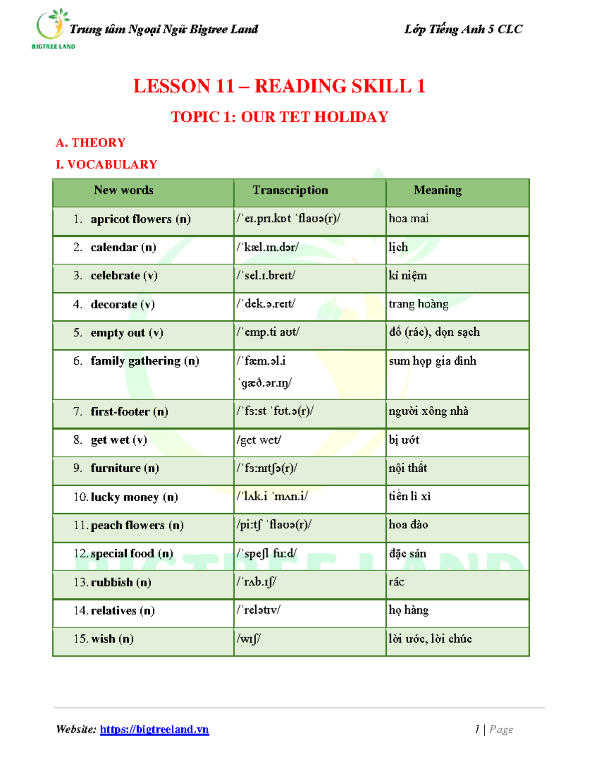Lesson 11 - Reading Skill 1: Understanding Tet Holiday Celebrations ...