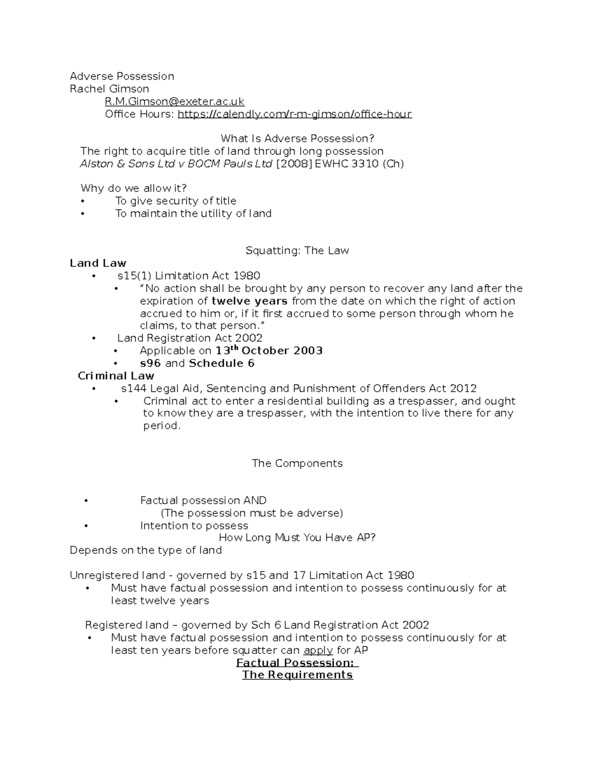 Adverse Possession - Land Law Lecture Notes (Lecture 13) - Studocu