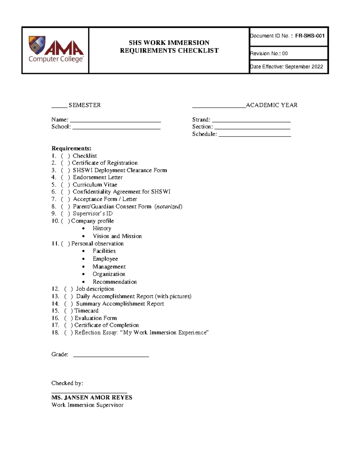 SHS Work Immersion Requirements Checklist - Rev. 00 (Sept 2022) - Studocu
