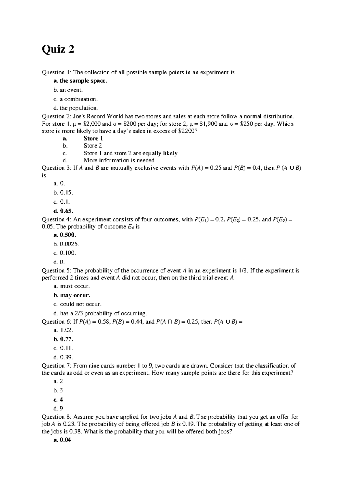 Quiz 2: Probability and Statistics Questions and Answers - Studocu