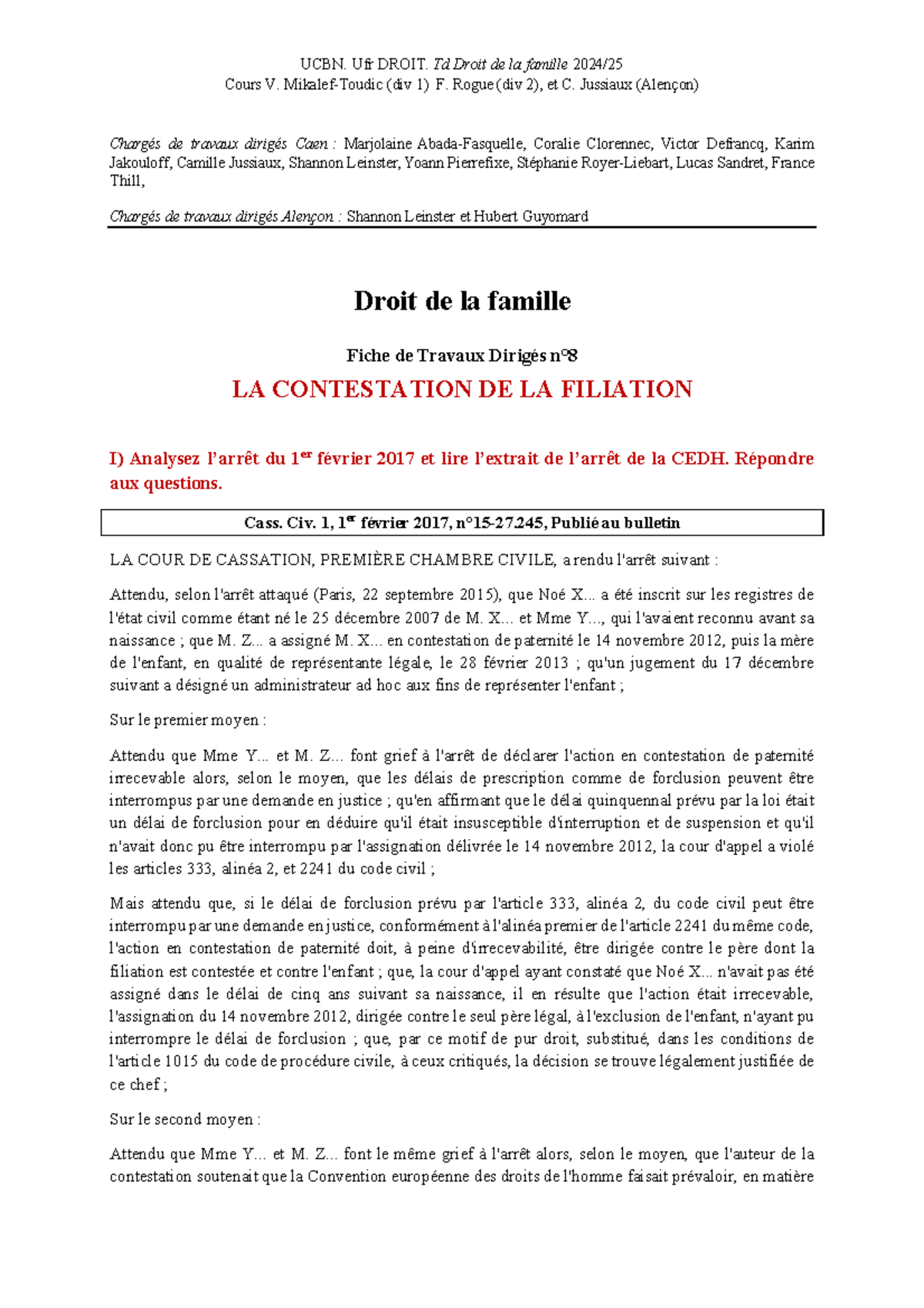 UCBN. Ufr DROIT. TD Droit de la famille 2025 - Contestation de la ...