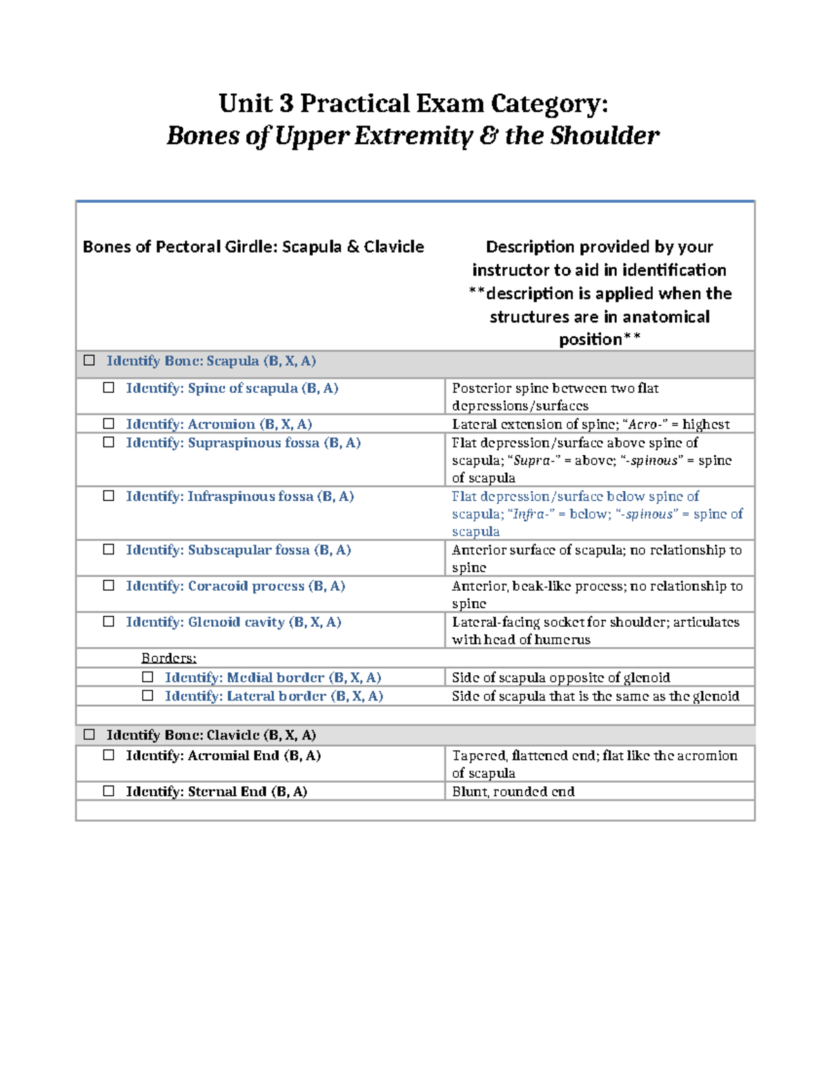 Unit 3 Practical Exam: Upper Limb Anatomy - Bones, Muscles, Nerves, and ...