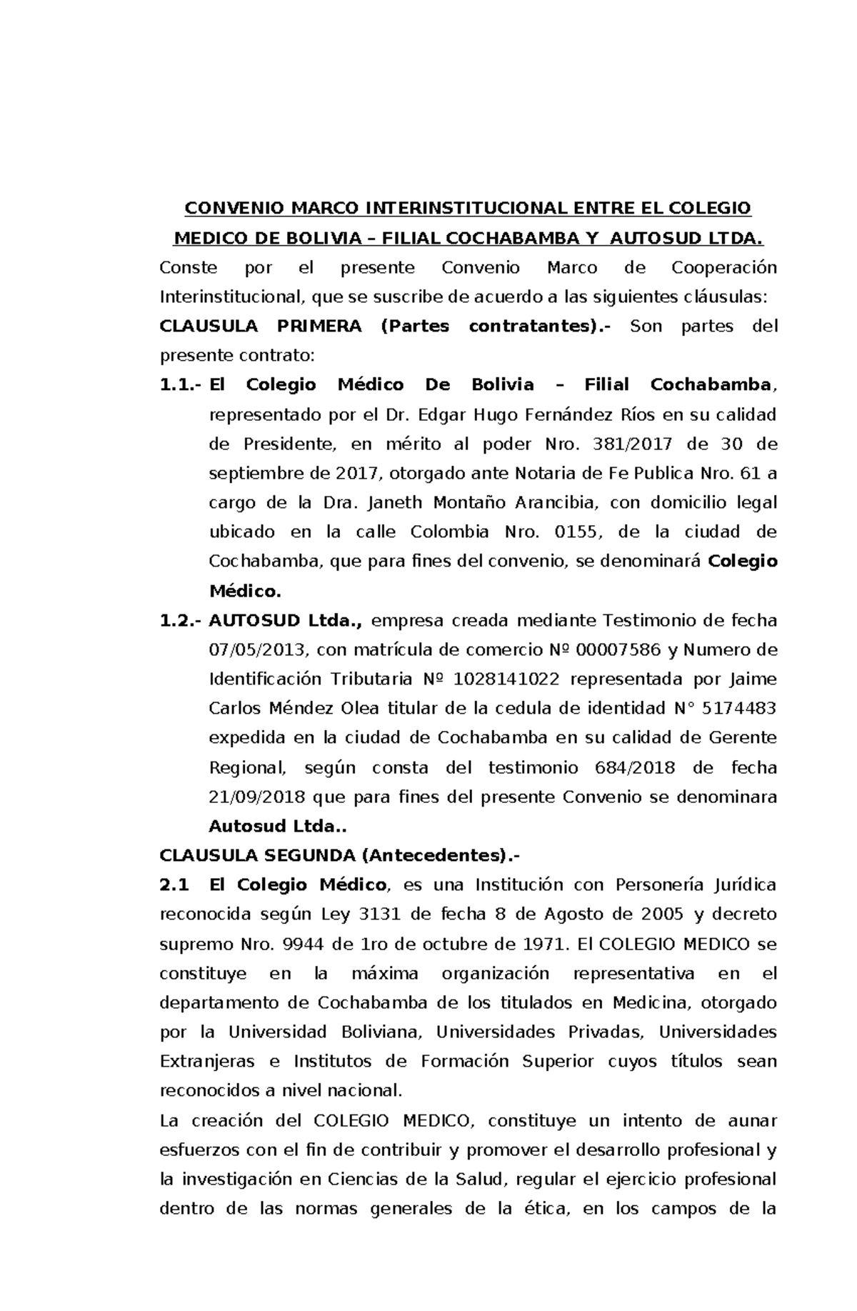 Convenio Marco de Cooperación entre Colegio Médico y Autosud Ltda ...